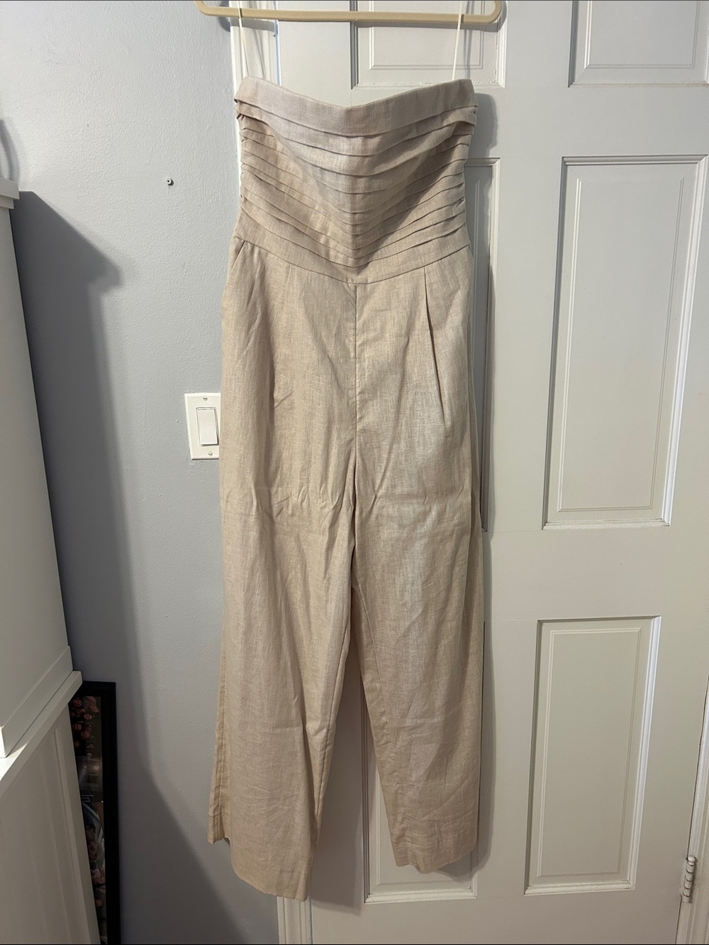 Abercrombie & Fitch Strapless Pleated V-Waist Wide-Leg Jumpsuit - Beige